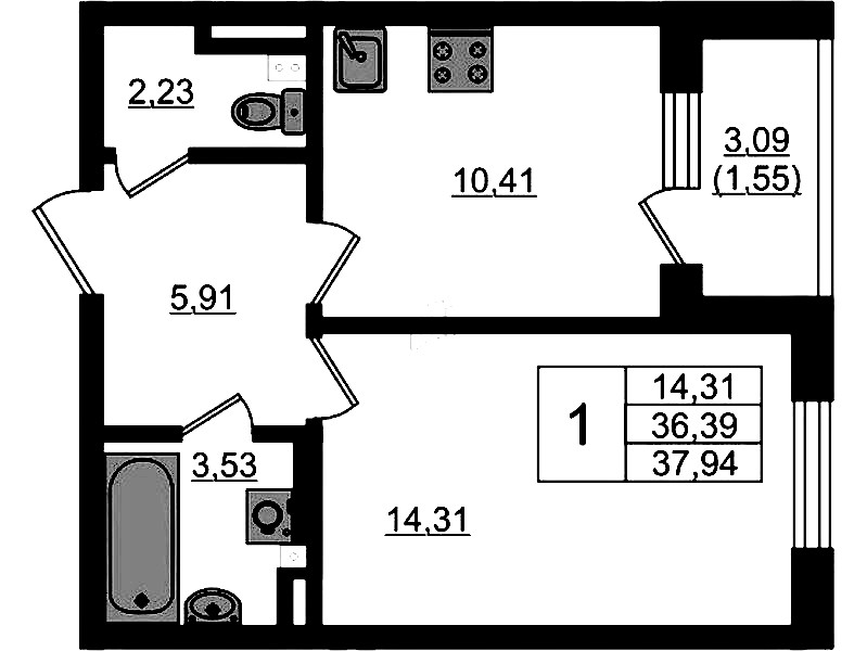 1-комнатная квартира 37.94 м², 2/4 эт., ЖК «Новая история»